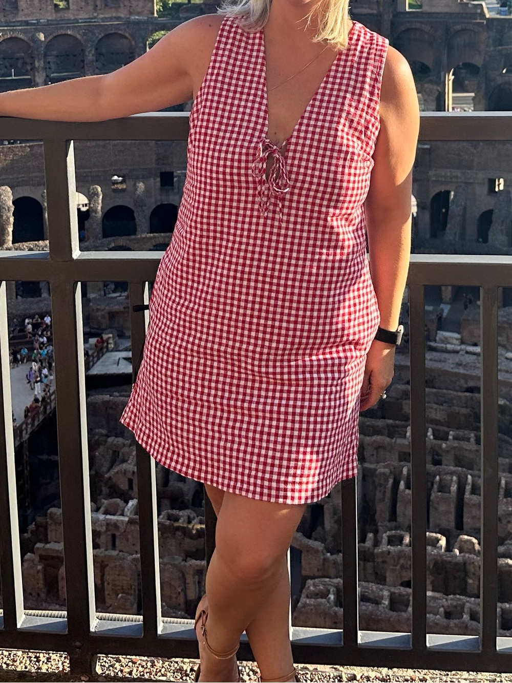 Abercrombie & Fitch Red and White Gingham Tie-Front Linen-Blend Mini Dress - Picture 2 of 2